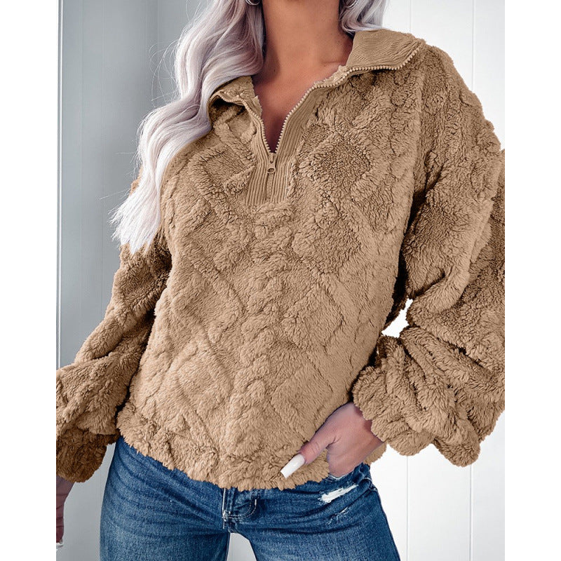 Women's Fleece Sweater with Half-Zip and Textured Design
