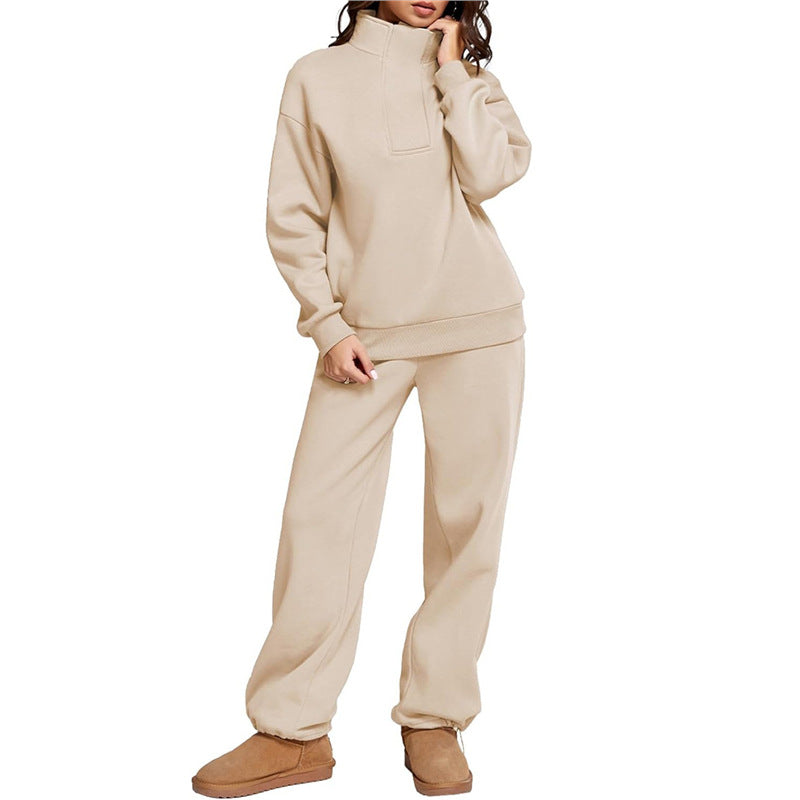 Women's Comfortable Lounge Set with Stand-Up Collar and Wide-Leg Pants