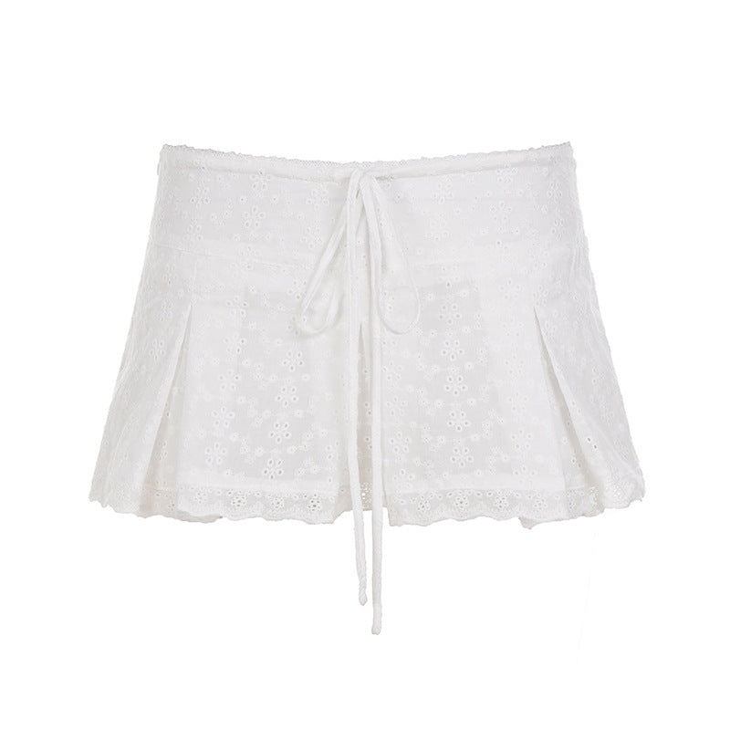 Women's Short Overlay Skirt with Adjustable Waistband and Floral Embroidery