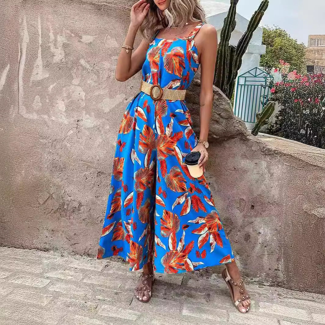 Women's Casual Floral Print Wide-Leg Jumpsuit