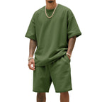 Men's relaxed jersey set with extended round neck t-shirt and elastic drawstring shorts