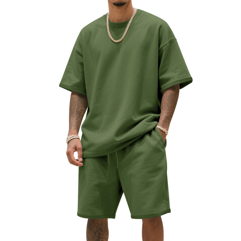 Men's relaxed jersey set with extended round neck t-shirt and elastic drawstring shorts