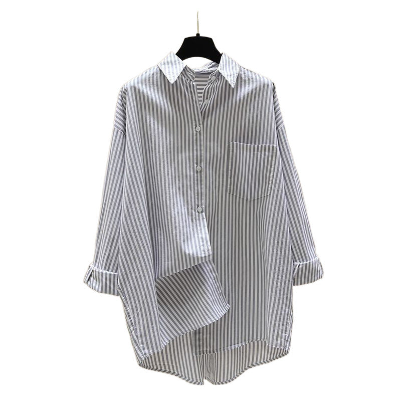 Women's Striped Oversized Shirt with Longer Back and Practical Chest Pocket