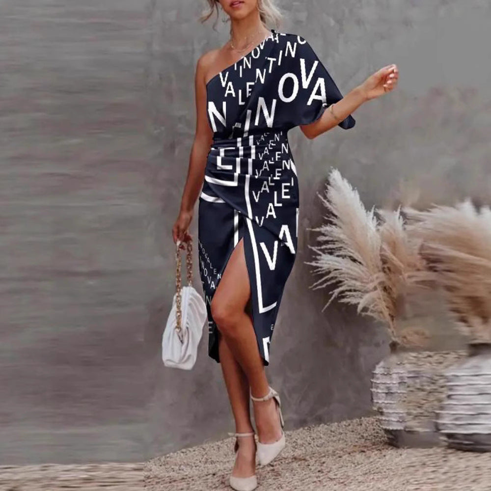 Women's Asymmetrical Wrap Dress with Graphic Print and Side Slit