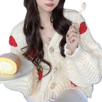 Women's Chunky Knit Cardigan with Floral Embroidery and Sparkling Buttons