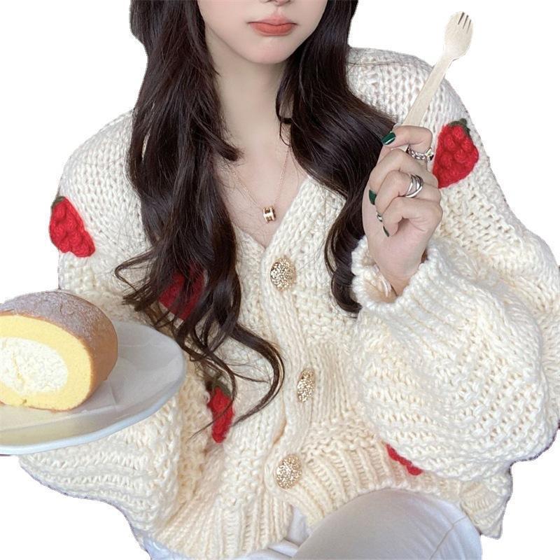 Women's Chunky Knit Cardigan with Floral Embroidery and Sparkling Buttons