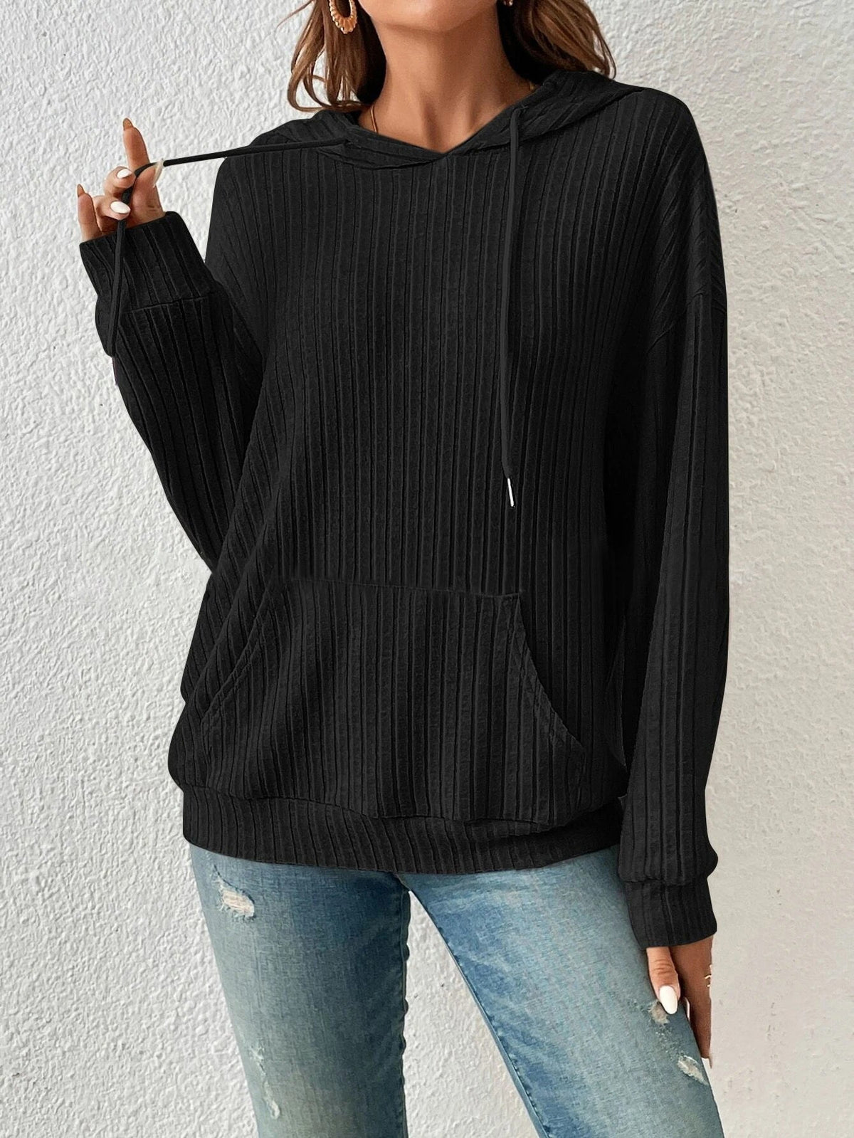Women's Cozy Ribbed Hoodie with Kangaroo Pocket
