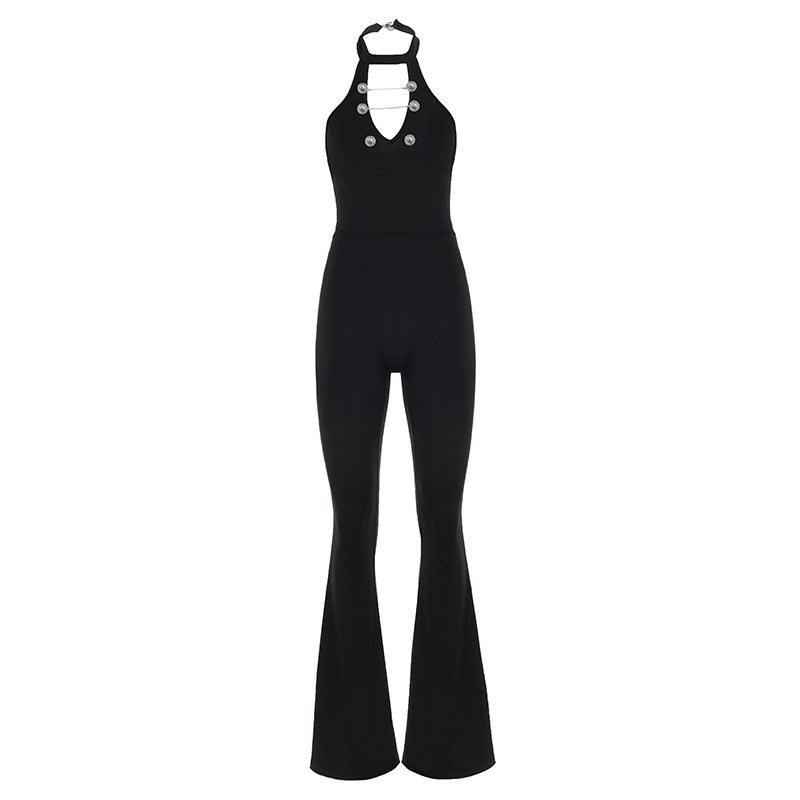 Women's Flowy Jumpsuit with High Neck and Decorative Buttons