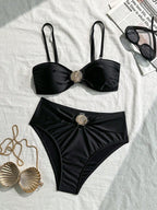 Women's Bandeau Bikini with Elegant Shell Detail and High-Leg Cut