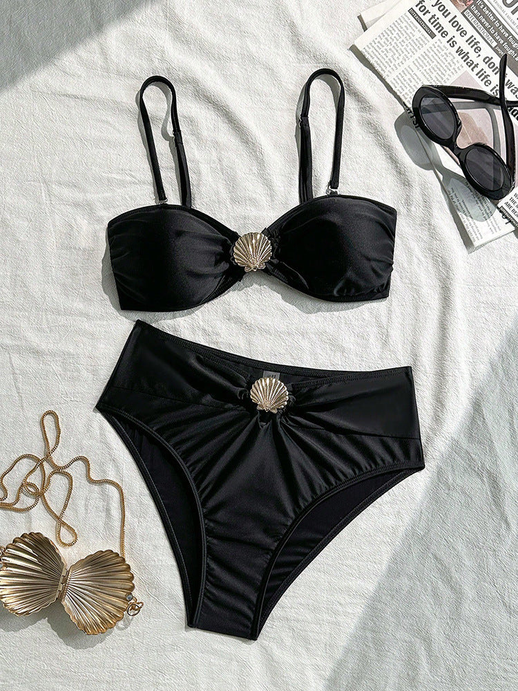 Women's Bandeau Bikini with Elegant Shell Detail and High-Leg Cut