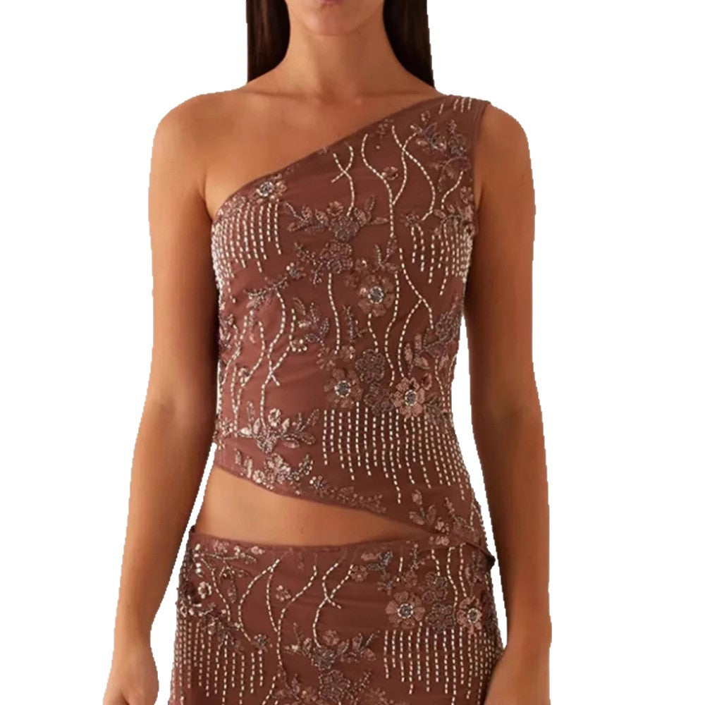 Women's Asymmetrical Top with Floral Rhinestone Design