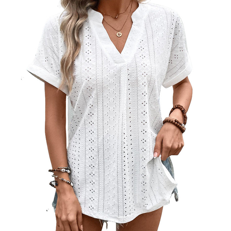 Women's Blouse with Eyelet Pattern and V-Neck