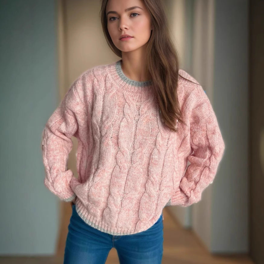 Women's Chunky Knit Sweater with Unique Cable Pattern and Relaxed Fit