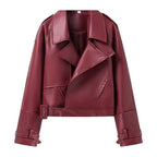 Women's Cropped Faux Leather Jacket with Asymmetric Collar