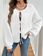 Women's Cozy Knit Sweater with Decorative Lace-Up Detail and Wide Sleeves