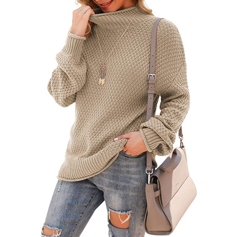 Women's Chunky Knit Sweater with High Collar and Textured Surface