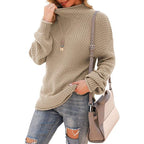 Women's Chunky Knit Sweater with High Collar and Textured Surface