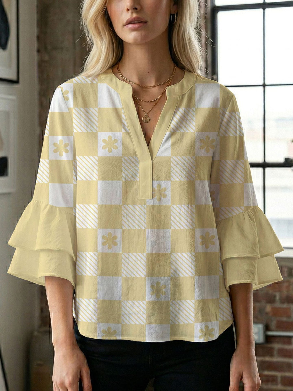 Women's Blouse with Voluminous Flutter Sleeves and Leaf Print