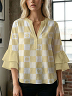 Women's Blouse with Voluminous Flutter Sleeves and Leaf Print