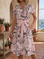 Women's Floral Midi Dress with Adjustable Belt