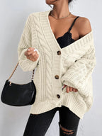 Women's Chunky Knit Cardigan with Decorative Cable Pattern