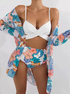 Women's Swimwear Set with Sheer Cover-Up and Floral Print