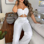 Women's Casual Crop Top and Wide-Leg Pants Set