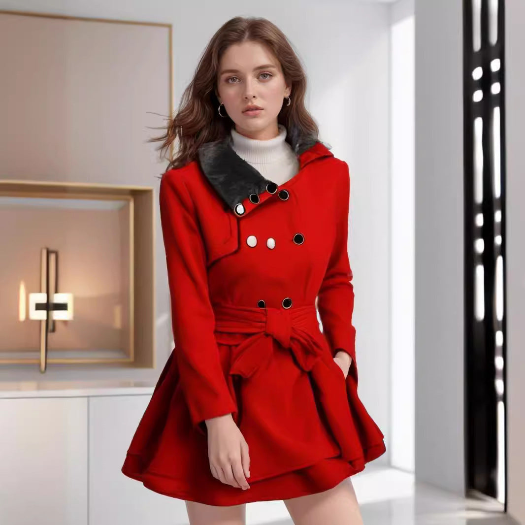 Women's Elegant Trench Coat with Detachable Faux Fur Collar and Waist Belt