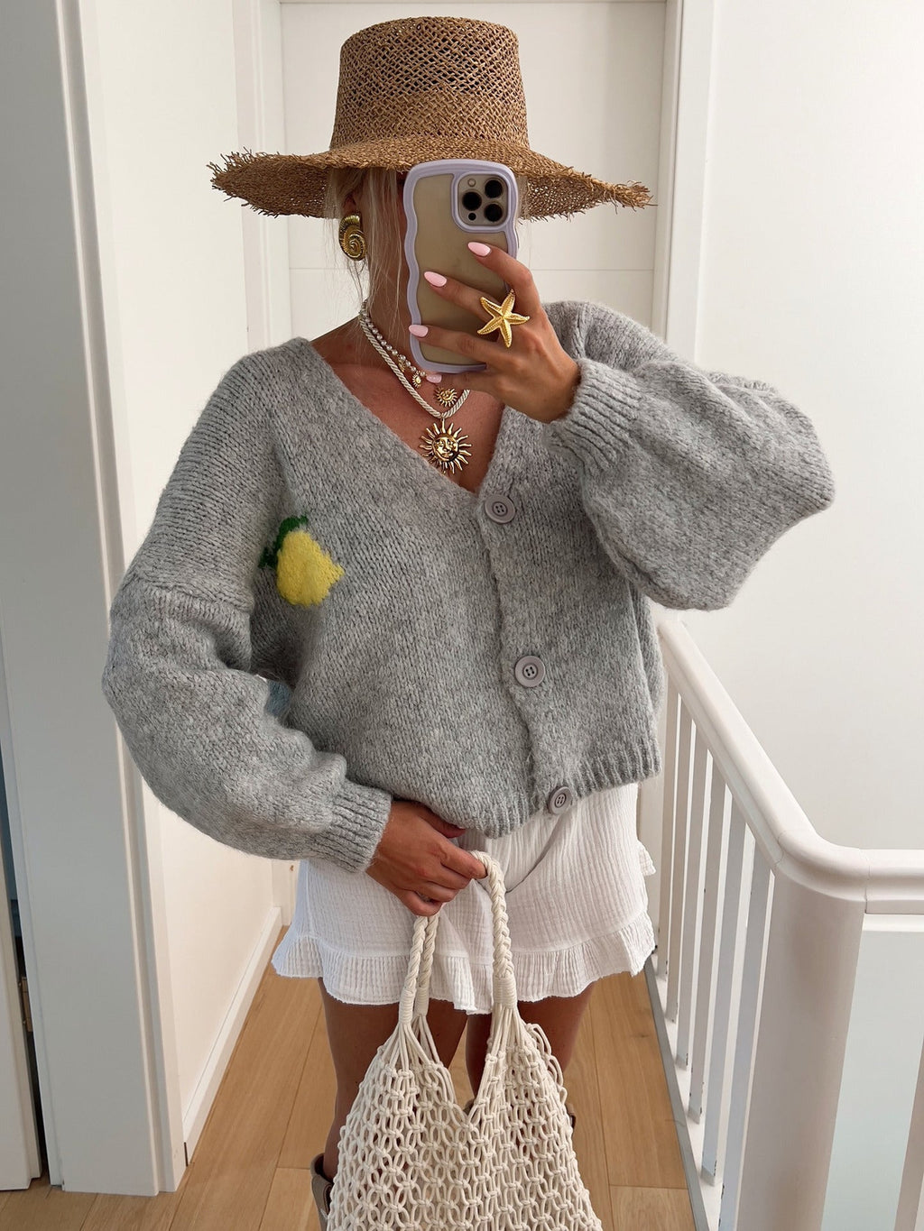 Women's Chunky Knit Cardigan with Cheerful Motif