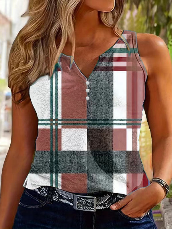 Women's Sleeveless V-Neck Top with Button Detail and Plaid Pattern