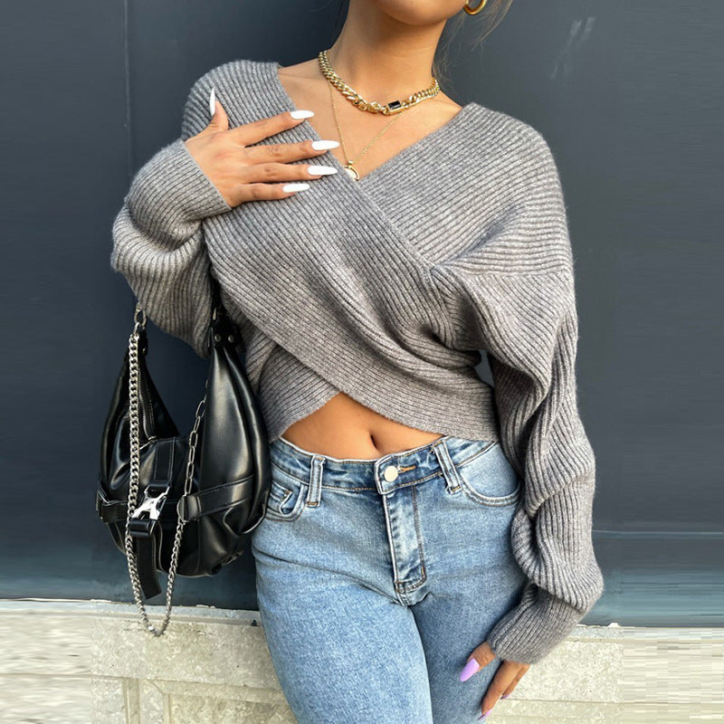 Women's Cropped Wrap Sweater in Textured Material