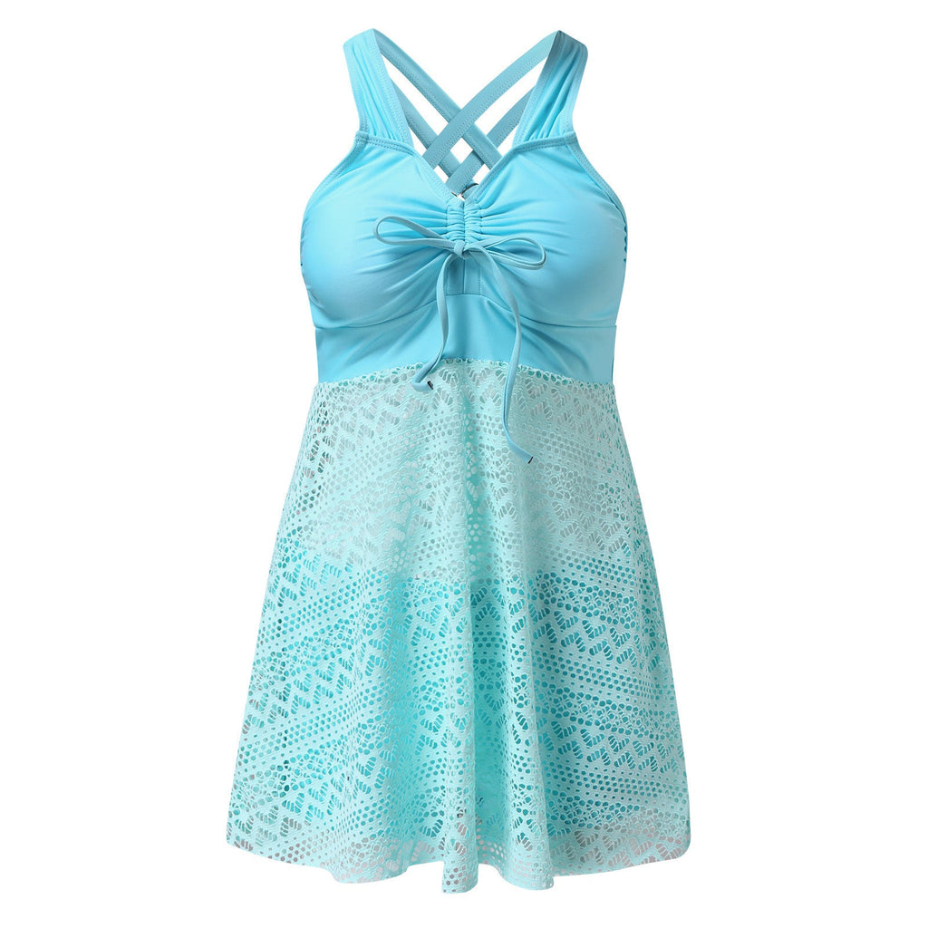 Women's Swim Dress with Ruching and Lace Pattern