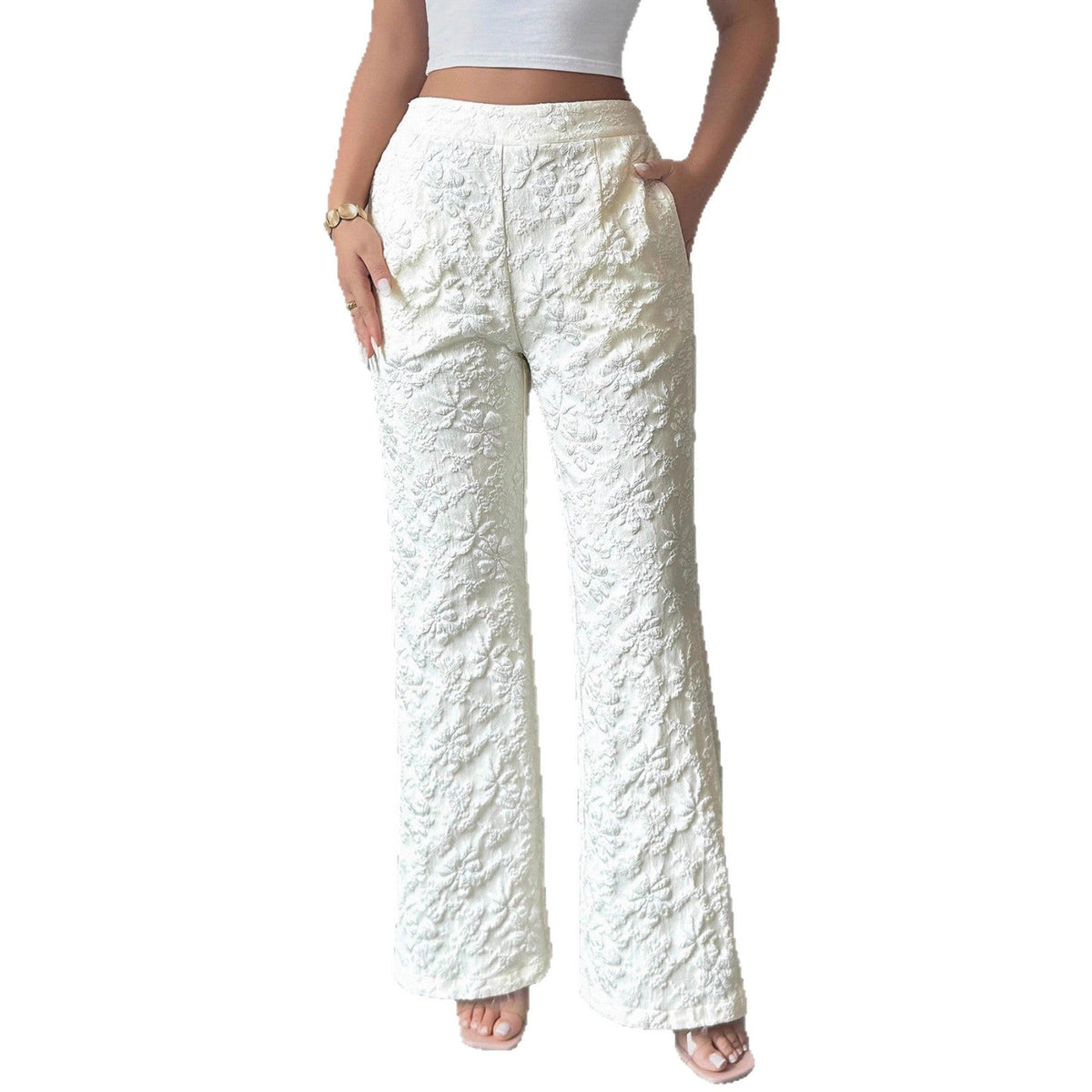 Women's Elegant High-Waisted Floral Trousers