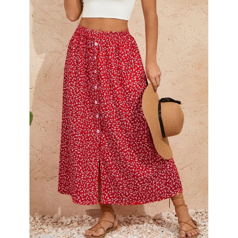 Women's Maxi Skirt with Floral Design and Button Details