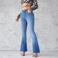 Women's Flared Jeans with High Waist and Frayed Hem