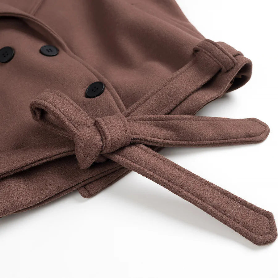 Women's Elegant Short Coat with Double-Breasted Buttons and Waist Belt