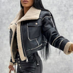 Women's Cropped Faux Leather Jacket with Cozy Teddy Lining