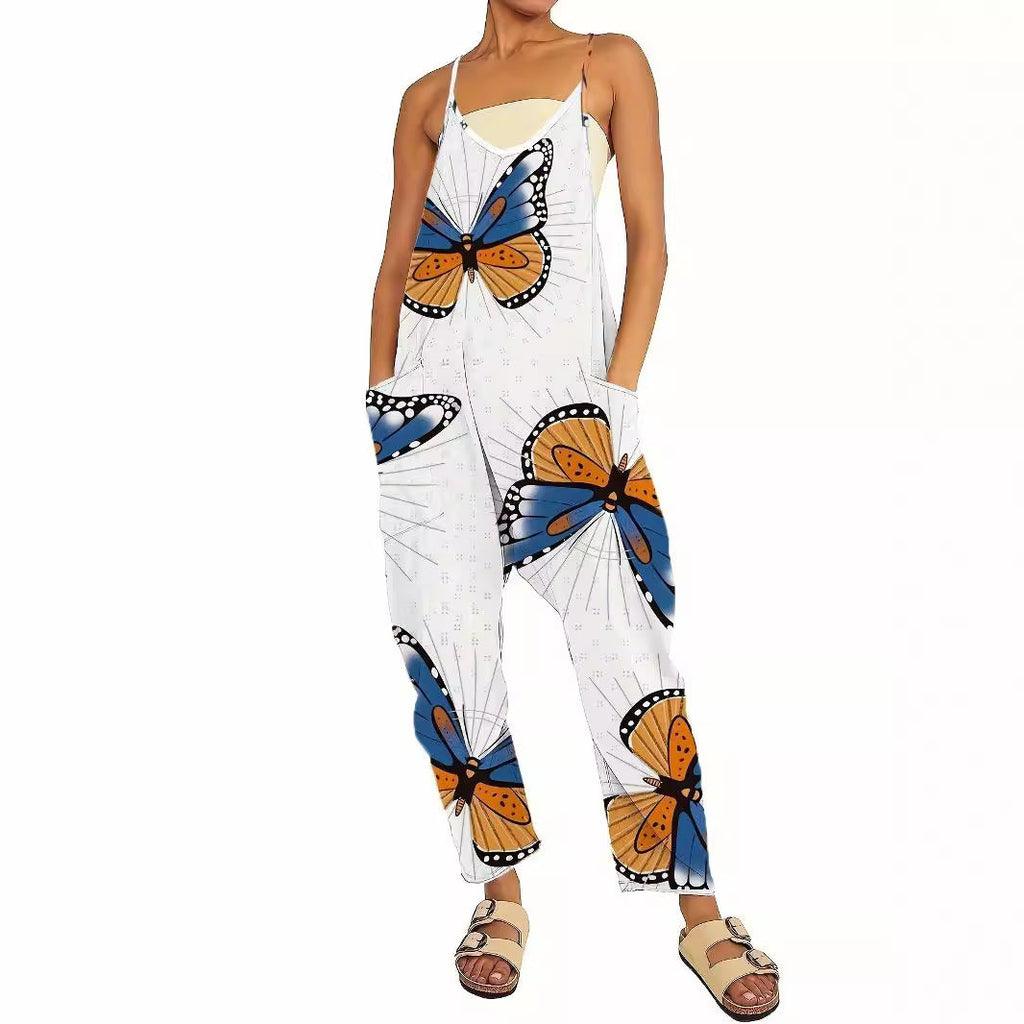 Women's Butterfly Print Jumpsuit with Pockets