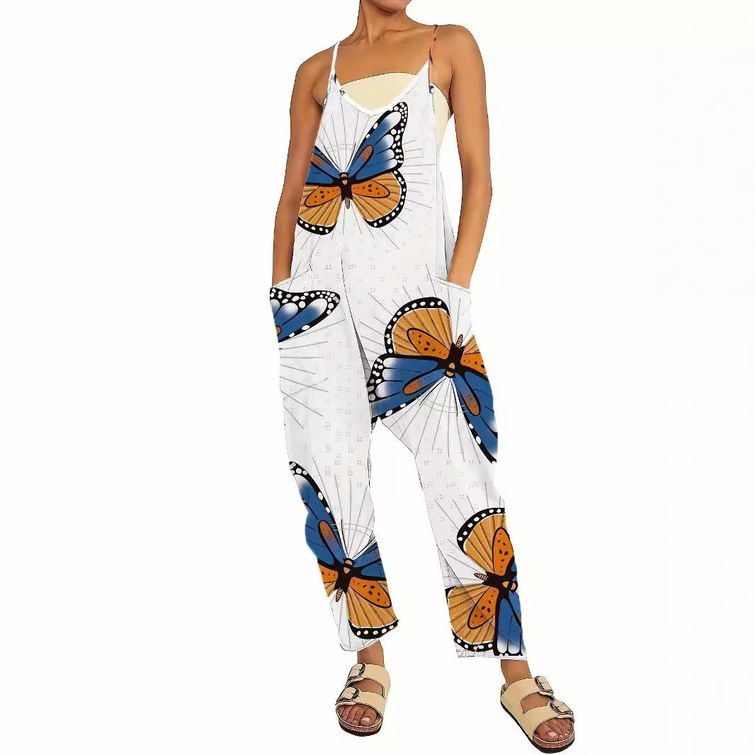 Women's Butterfly Print Jumpsuit with Pockets