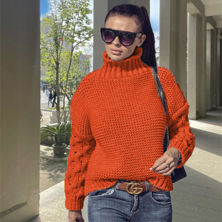 Women's Chunky Knit Sweater with High Collar and Textured Sleeves