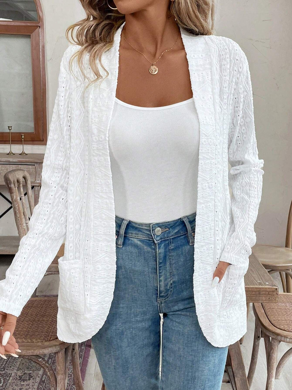 Elegant Knit Cardigan with Fine Openwork Pattern