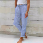 Women's Relaxed Cotton Striped Trousers with Adjustable Waist
