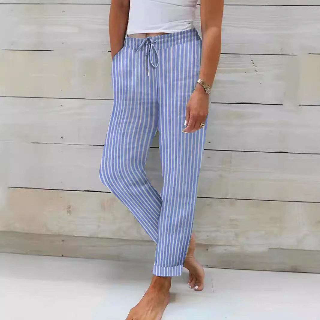 Women's Relaxed Cotton Striped Trousers with Adjustable Waist