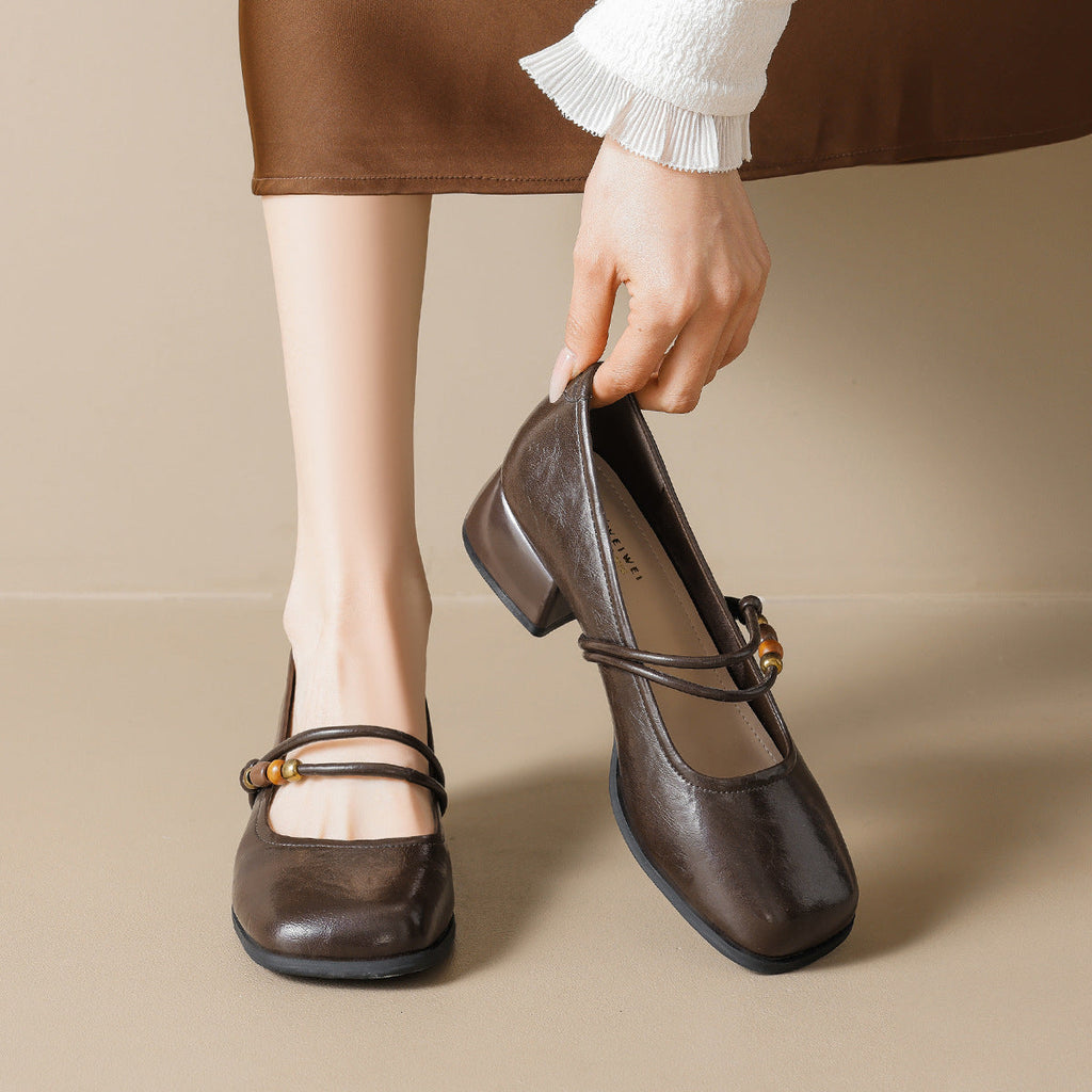 Women's Ballet Flats with Decorative Strap and Comfortable Block Heel