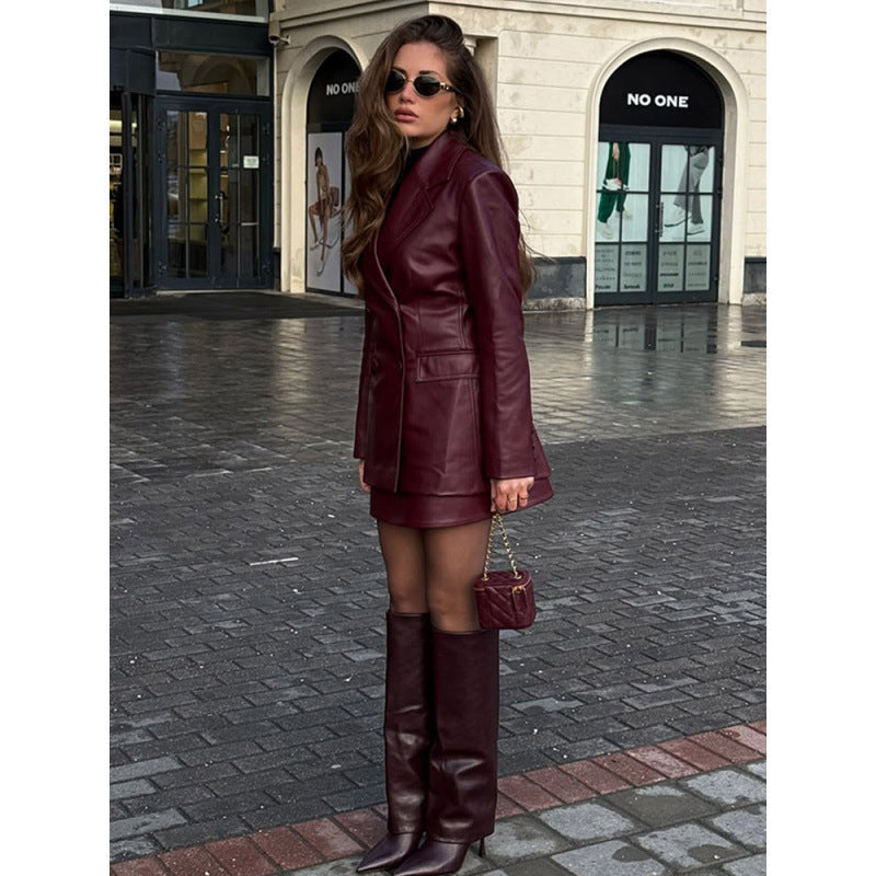 Women's Elegant Faux Leather Blazer Jacket with Tailored Cut