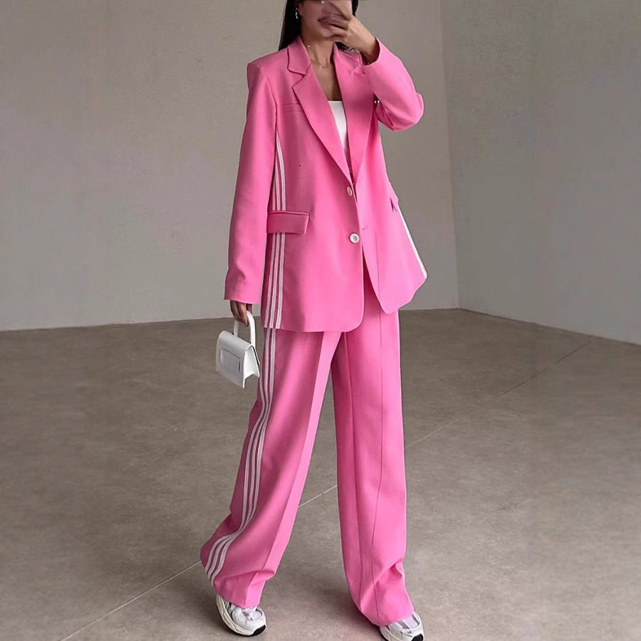 Women's Fashionable Blazer and Pants Set with Contrast Stripes