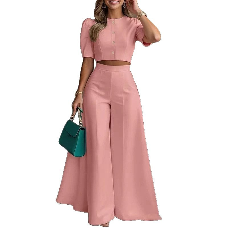 Elegant Short Puff-Sleeve Top and High-Waisted Palazzo Pants Set