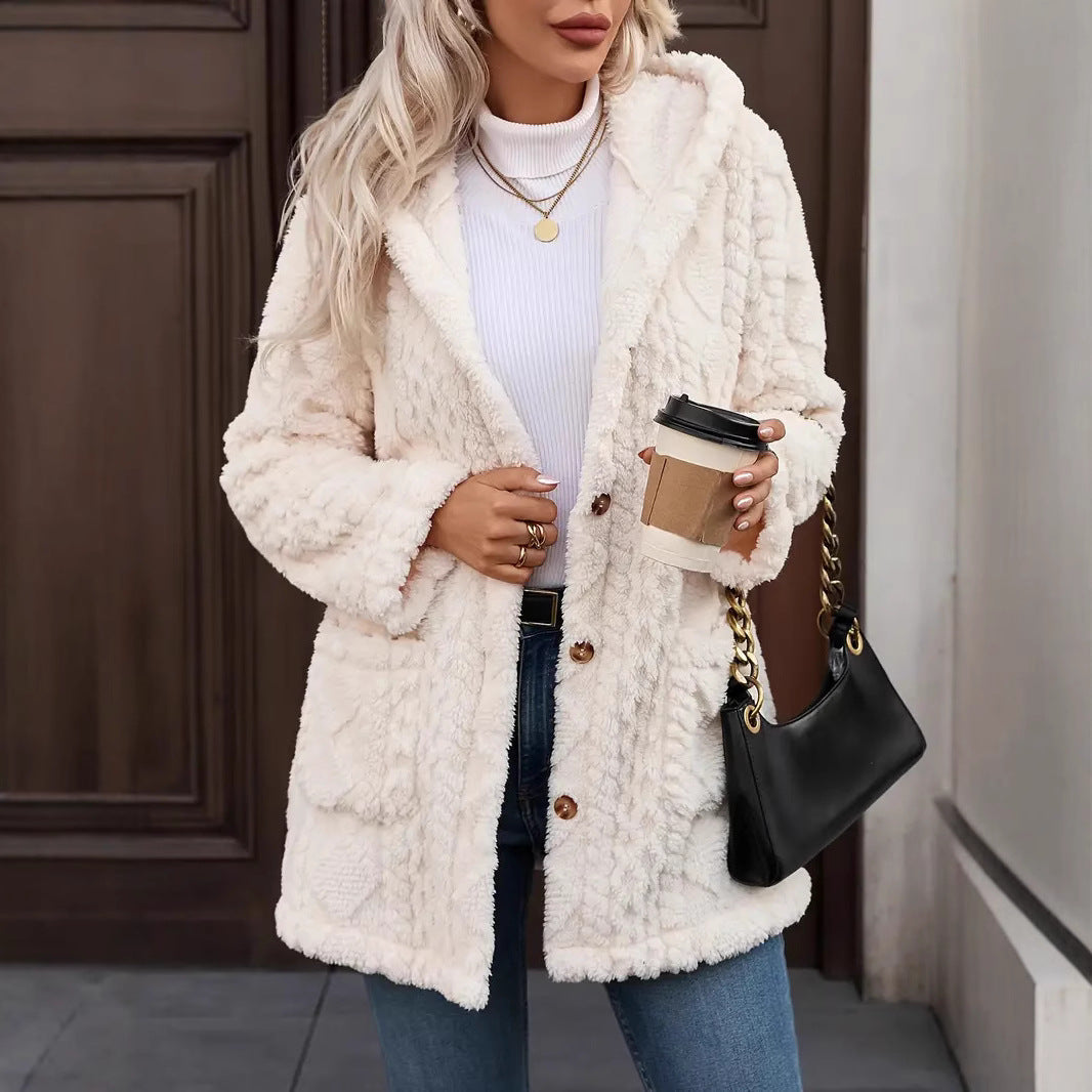 Women's Soft Plush Jacket with Hood and Pockets