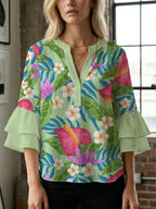 Women's Floral Top with Voluminous Ruffled Sleeves