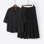 Women's Casual Linen-Viscose Lounge Set with Stand Collar Top and Wide Palazzo Pants